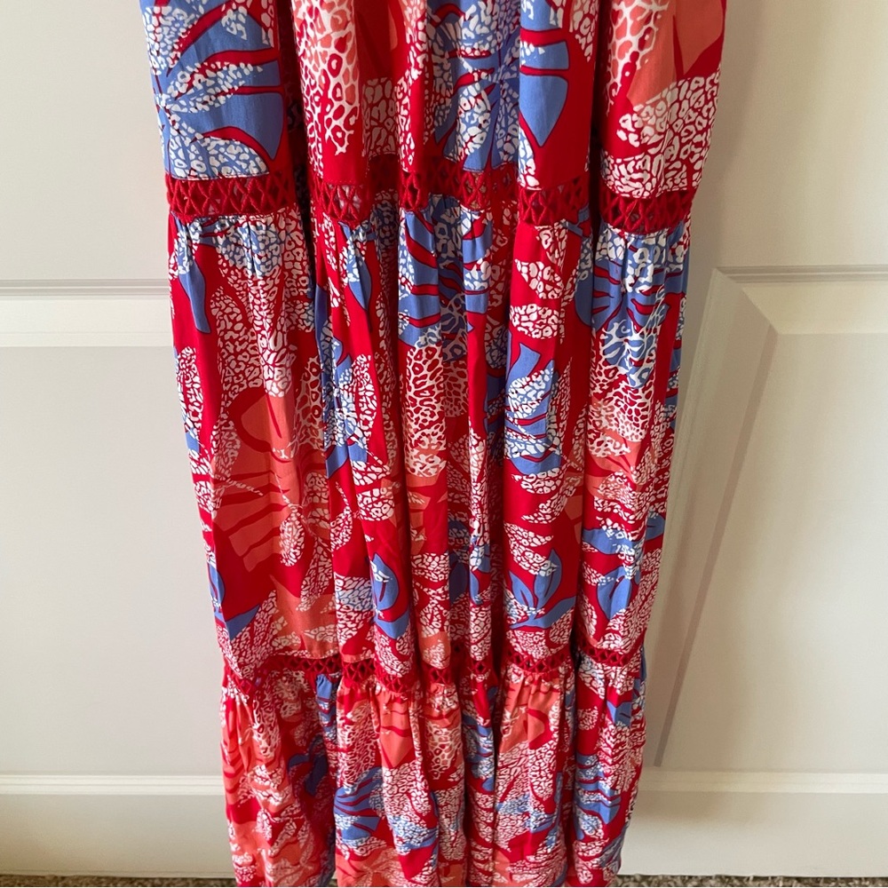 Red Carter Red Floral Tiered Halter Top Maxi Cover-Up Dress Size Large - Picture 4 of 15